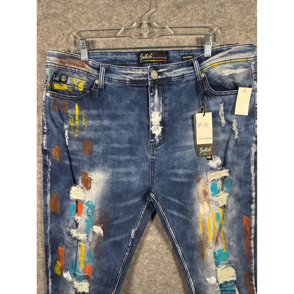 Switch Remarkable Mens Indigo Distressed‎ Paint Splatter Slim Taper Jeans 40x34
